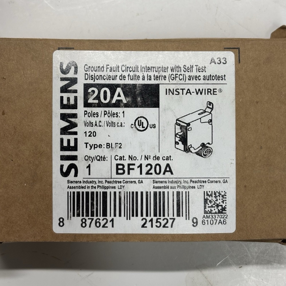 Siemens BF120A 20A 1 Pole 120V GFCI Circuit Breaker Type BLF2 New